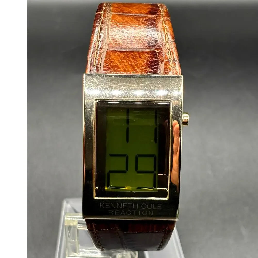 Kenneth Cole Reaction KC1398 Digital Gold Tone Brown Embossed Leather Watch Y2K